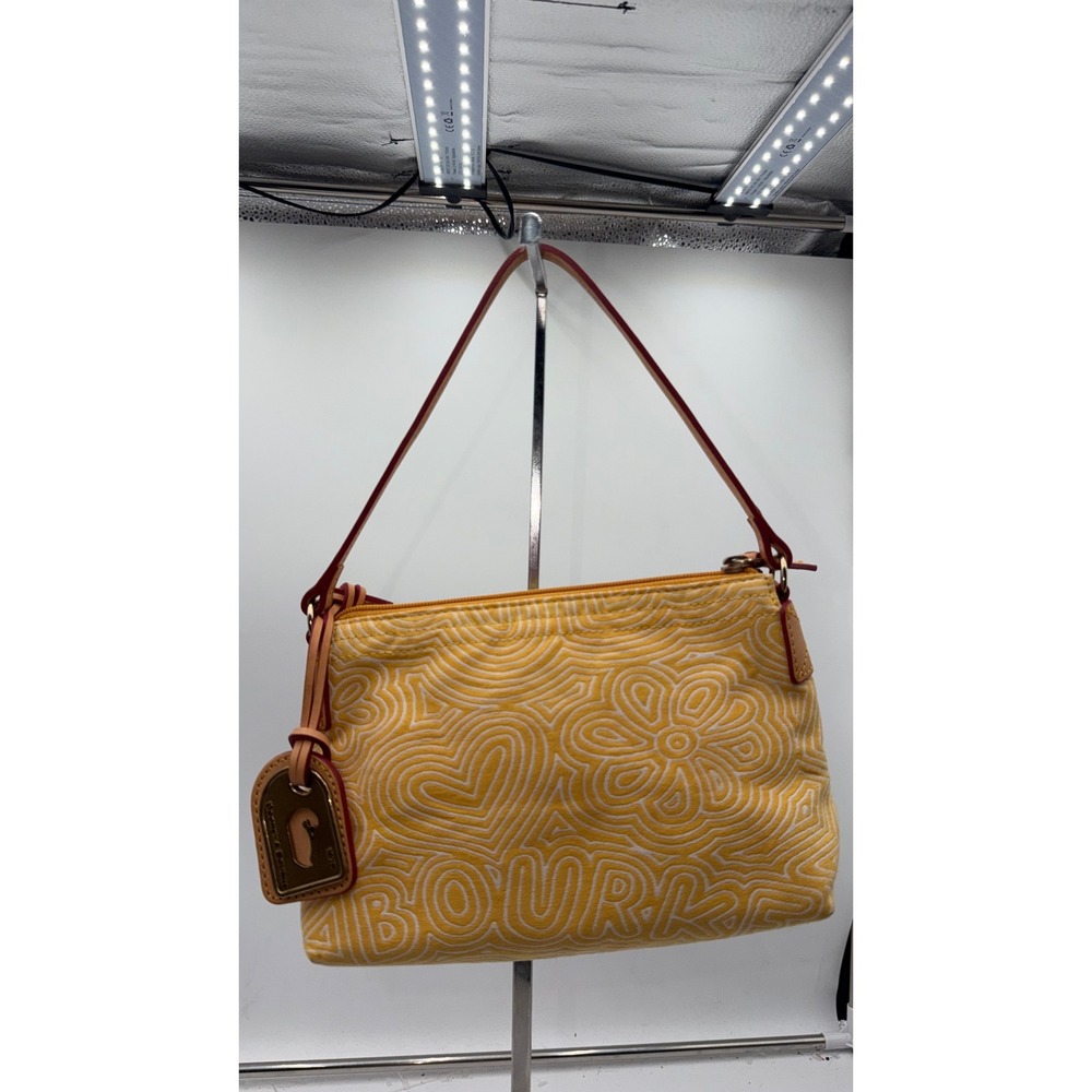 Dooney & Bourke Yellow Canvas Doodle Print Shoulder Bag Leather Trim Pink Lining